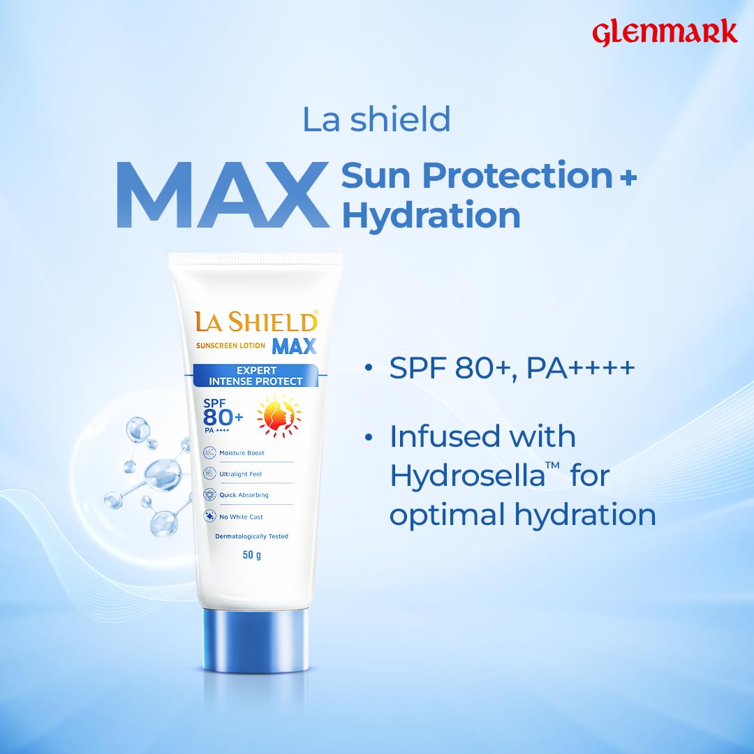 La Shield Max SPF 80+ Sunscreen Lotion | PA++++ | Intense sun protection | For Highly sensitive skin | Moisture Boost Formula | Lightweight | Hydrating Sunscreen | 50gm