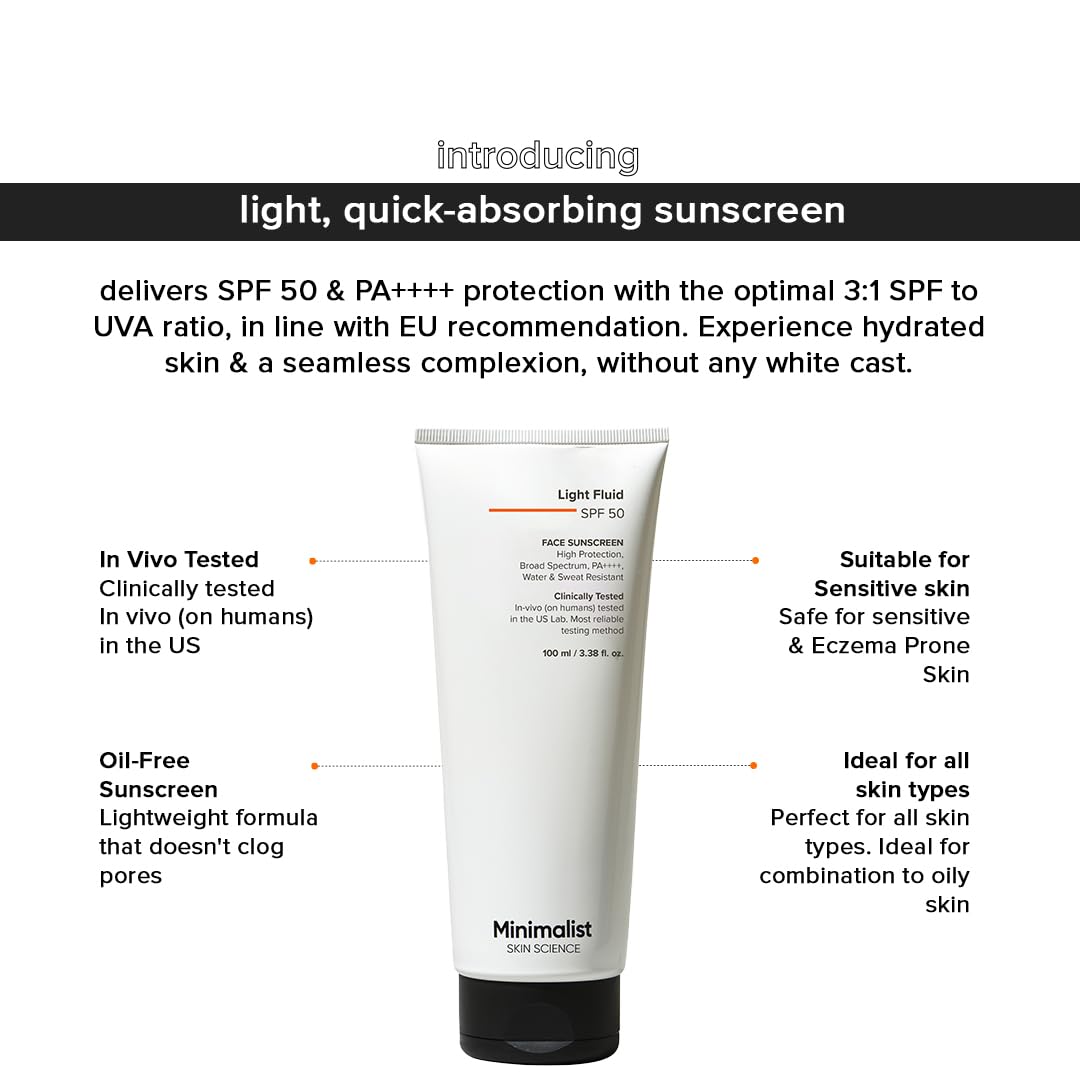 Minimalist Light Fluid Sunscreen SPF 50 for Oily Skin (PA++++) | Clinically Tested in US| No White Cast | Broad Spectrum | Lightweight, Water & Sweat Resistant | For Women & Men | 100ml