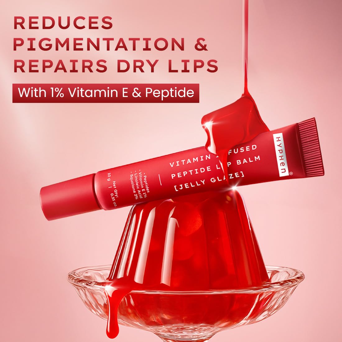 Hyphen Tinted Lip Balm | Brightens & Reduces Dark Lips & Pigmentation | 1% Vitamin E, Peptide & 2% Squalane | Winter Lip Care| 24H Moisturization for Dry & Chapped Lips | Jelly Glaze (Red Shade)- 10g