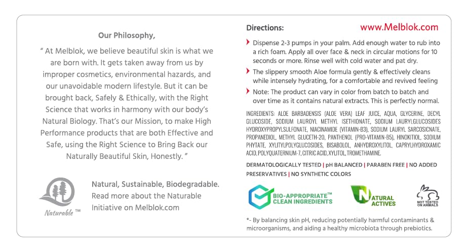 Melblok Bio-Recovery Intense Aloe™ Face Wash 150 ml | For Normal, Dry & Sensitive Skin| Hydrating, Non-Drying Prebiotic Face Cleanser with Niacinamide & Panthenol