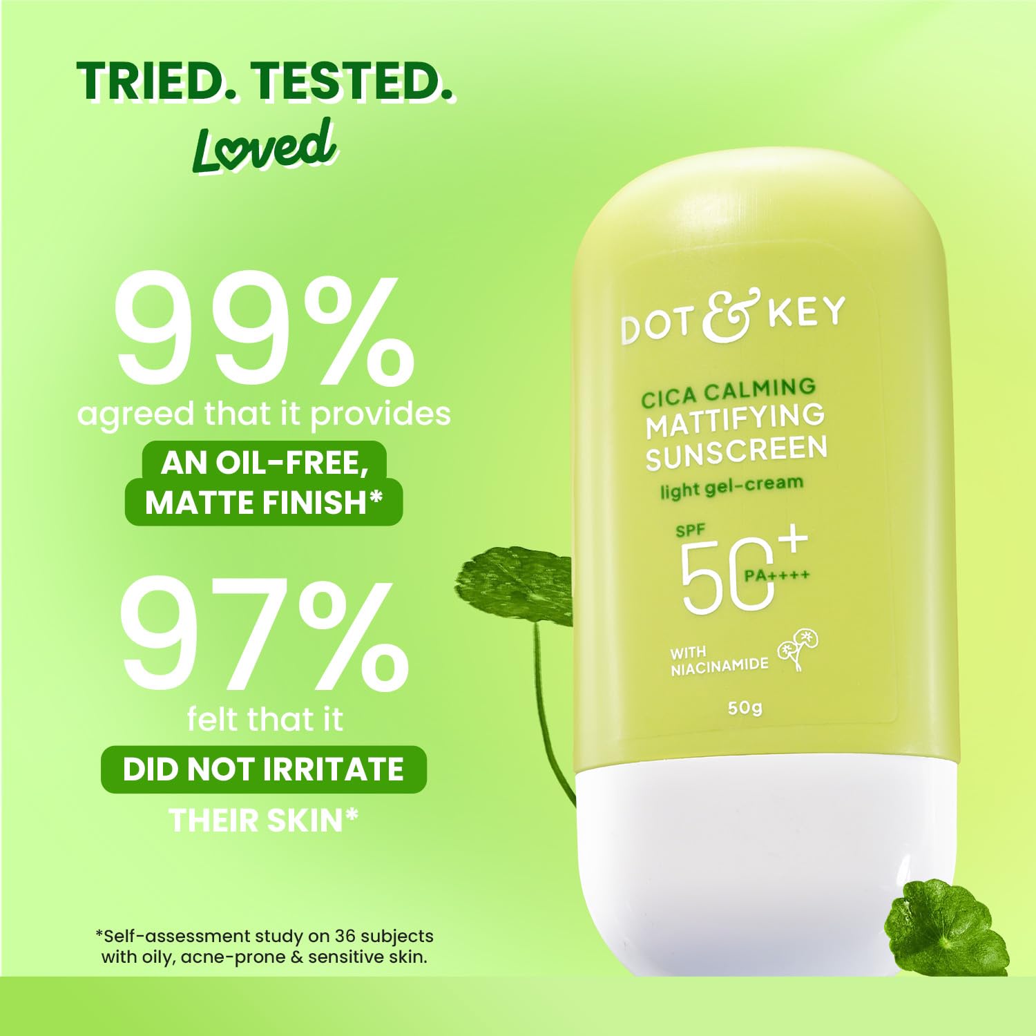 Dot & Key CICA Calming Mattifying Sunscreen SPF 50 PA++++ In-Vivo Tested | For Oily Acne Prone & Sensitive Skin | UVA/UVB Protection | No White Cast, Ultra Light, Fragrance Free | 50g