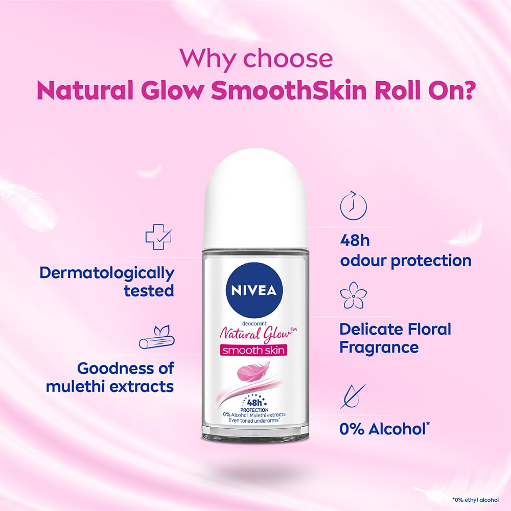 NIVEA Natural Glow Smooth Skin Deodorant Underarm Roll On for Women| Vitamin C, Vitamin E, Avocado oil and Licorice Extract | 72 H Even Toned, Smooth & Bright Underarms | 0% Alcohol and Dermat Approved |50 ml