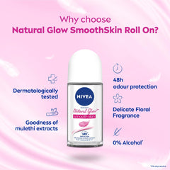 NIVEA Natural Glow Smooth Skin Deodorant Underarm Roll On for Women| Vitamin C, Vitamin E, Avocado oil and Licorice Extract | 72 H Even Toned, Smooth & Bright Underarms | 0% Alcohol and Dermat Approved |50 ml