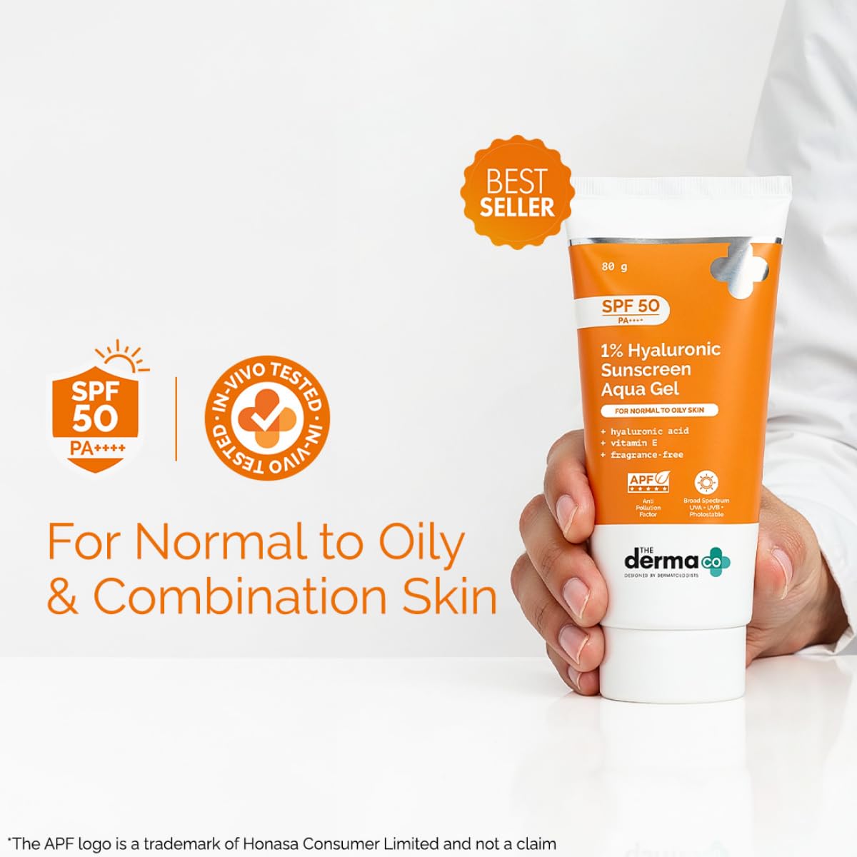 The Derma Co 1% Hyaluronic Sunscreen Aqua Gel SPF 50 PA++++ | Hydrating, Lightweight & Non-Greasy | No White Cast | Broad Spectrum & Blue Light Protection | Clinically Tested - (In-Vivo) | PPD-39 | 80 g