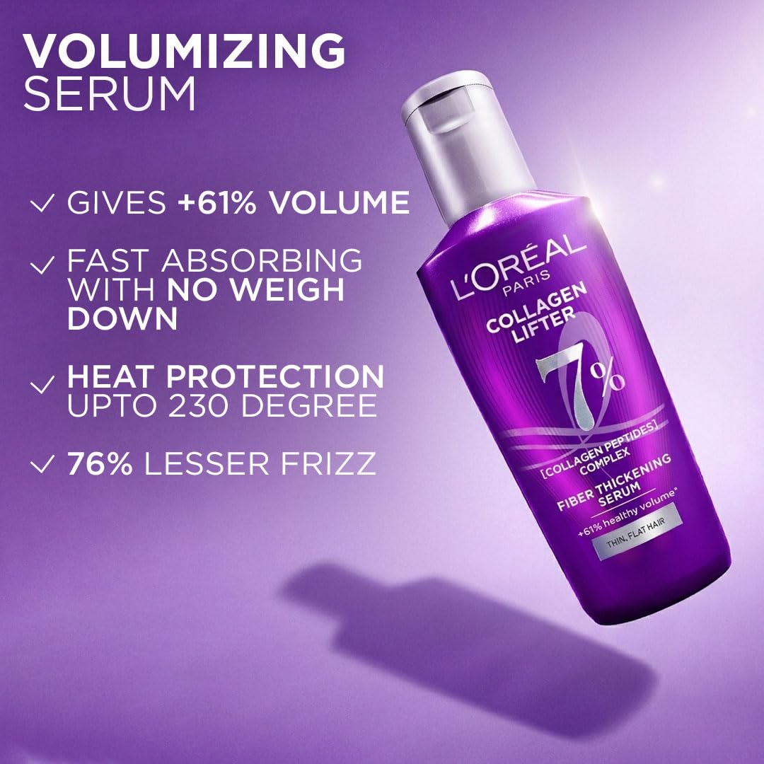 L'Oréal Paris Collagen Lifter Hair Thickening Serum with 7% Collagen Peptides for thin, flat hair | 72H lightweight volume & Frizz free hair, 80ml