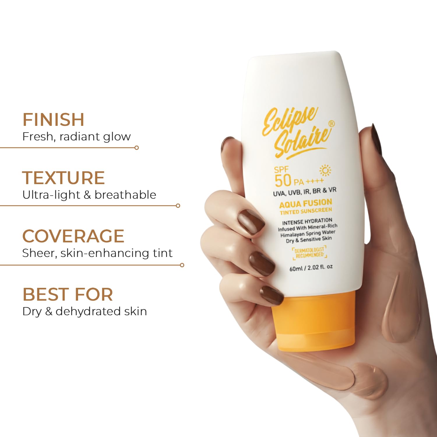 Eclipse Solaire Aqua Fusion Sunscreen SPF50 | 5X Protection with SPF 50 PA++++ | Infused with Himalayan Spring Water | Non-Greasy, For All Skin Types – 60ml