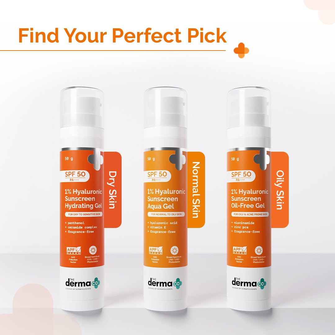 The Derma Co 1% Hyaluronic Sunscreen Aqua Gel SPF 50 PA++++ | Hyaluronic Acid for Deep, Long Lasting Hydration | Ultra Lightweight Texture I Non-Greasy, No White Cast | Broad Spectrum & Blue Light Protection | 50g