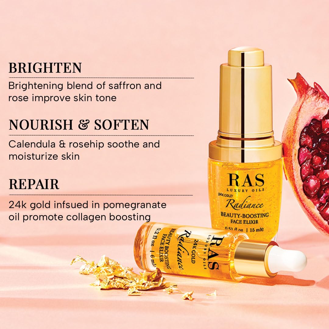 RAS Luxury Oils 24K Gold Radiance Elixir Face Serum for Glowing Skin & Skin Brightening | Face Oil | Nourish & Repair | Reduce Wrinkles , Acne & Dark Spots | ( 6 ml)