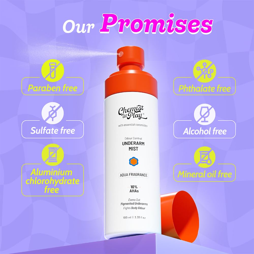 Chemist at Play Exfoliating Underarm Mist | For Pigmentation & Odour Control | 10% AHAs & 2% Niacinamide | pH 4-4.5 Optimised | Promotes Even-Toned Underarms | Non-Sticky & Fast Absorbing | 100 ml