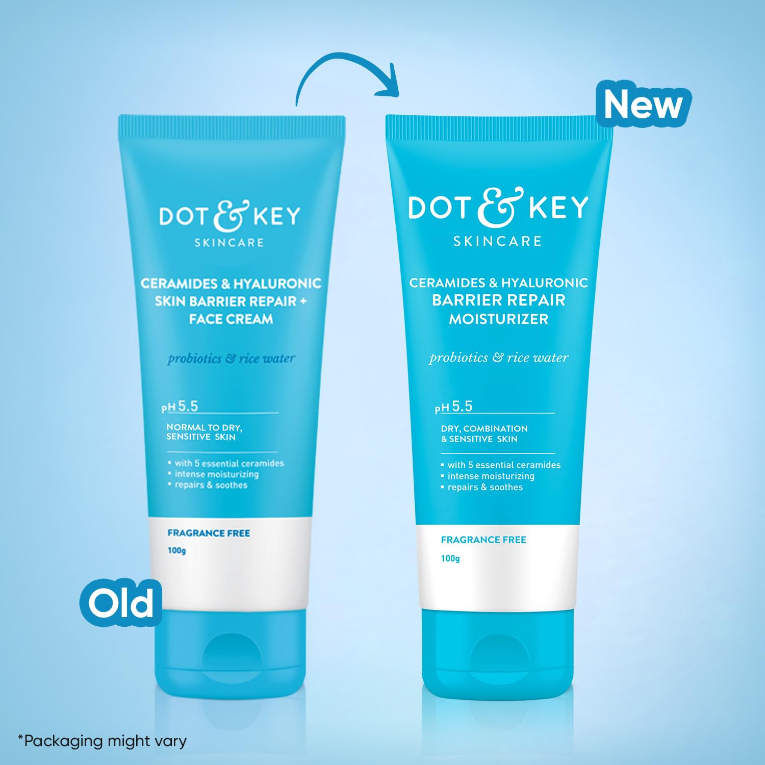 Dot & Key Barrier Repair Moisturizer For Normal, Dry, Combination & Sensitive Skin | 120 Hrs Moisturization, With 5 Ceramides & Hyaluronic | Repairs Damaged Skin Barrier, Non-Comedogenic | 100g