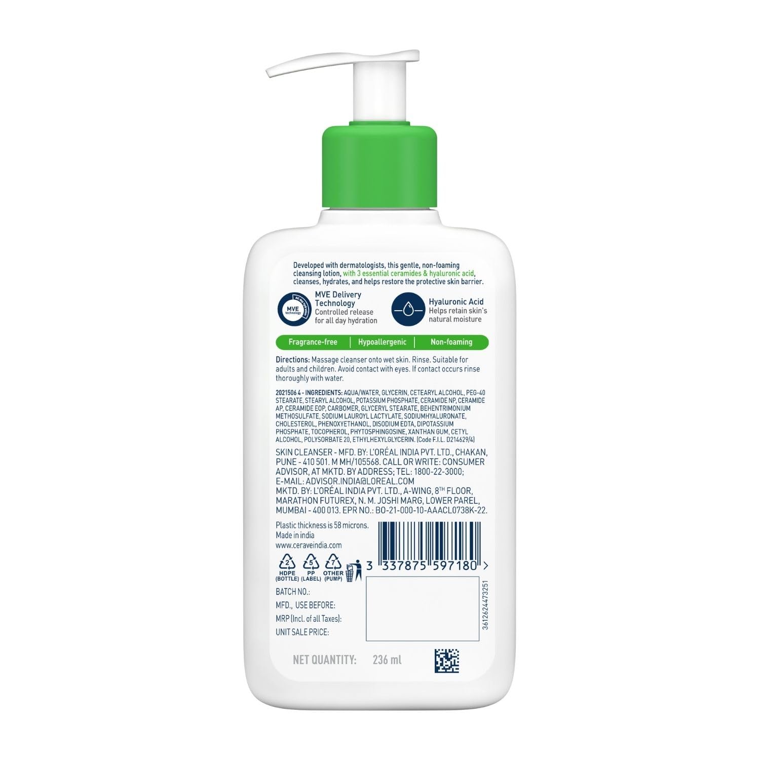 CeraVe Hydrating Cleanser For Normal To Dry Skin (236ml) - Non-Foaming Face Wash with Hyaluronic Acid And Ceramides | Non-Comedogenic, Non-Irritating And Fragrance-Free Cleanser