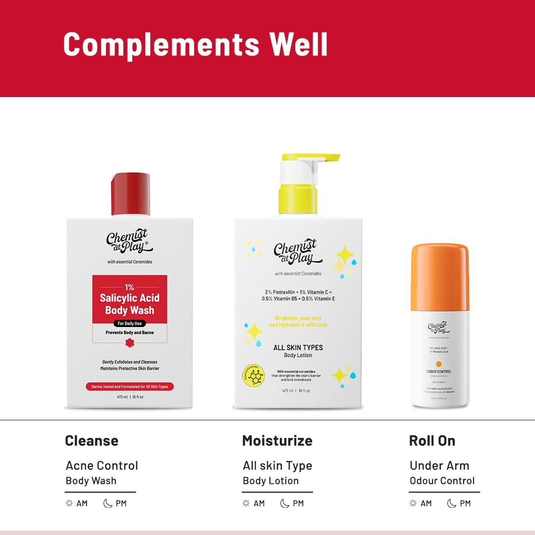 Chemist at Play 1% Salicylic Acid Body Wash 236ml | Paraben & SLS Free | Gentle Exfoliating Shower Gel | Prevents Body Acne, Bumpy Skin & Deep Cleanses Skin
