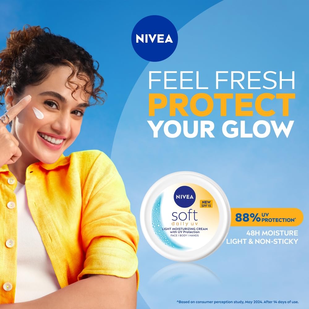 NIVEA Soft Daily SPF 15 Moisturizer | 88% UV Protection | Face & Body Cream for Healthy Glow in 5 Days | No White Cast | Vitamin E & Shea Butter | Lightweight, Quick Absorbing | 72H Hydration | 50ml