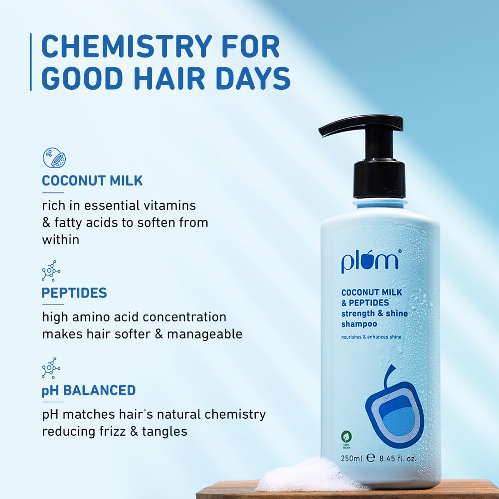 Plum Coconut Milk & Peptides Strength & Shine Shampoo | 22X Smoother Hair | With Coconut Milk & Pea Peptide | Smoothening & Strengthening | Paraben-Free, 100% Vegan, 250ml