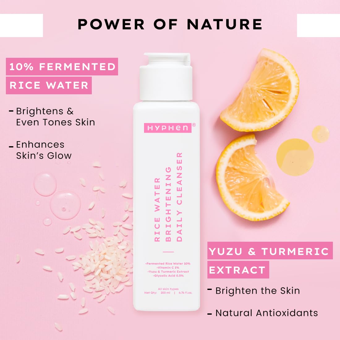 Hyphen 10% Rice Water Brightening Face Wash | With 1% Vitamin C, 0.5% Glycolic Acid & Yuzu Extract | Reduces Dark Spots & Pigmentation | For All Skin Types | Gentle Cleanser for Women & Men- 200 ml