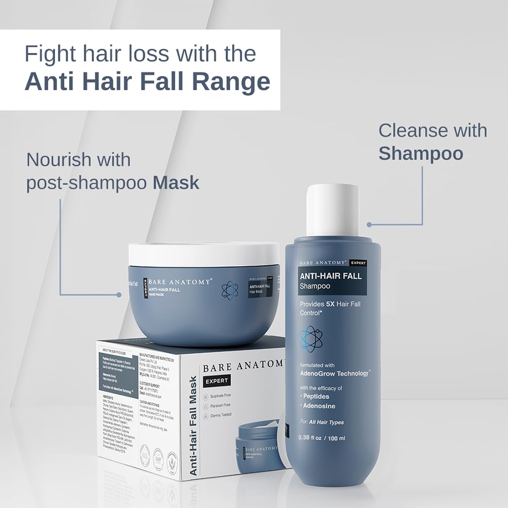 Bare Anatomy Anti Hair Fall Shampoo | 5x Hair Fall Control & Growth | Contains Biotin Adenosine, & Peptides | Rosemary, Rice Water, Hyaluronic Acid | For All Hair Types | For Women & Men | 100ml