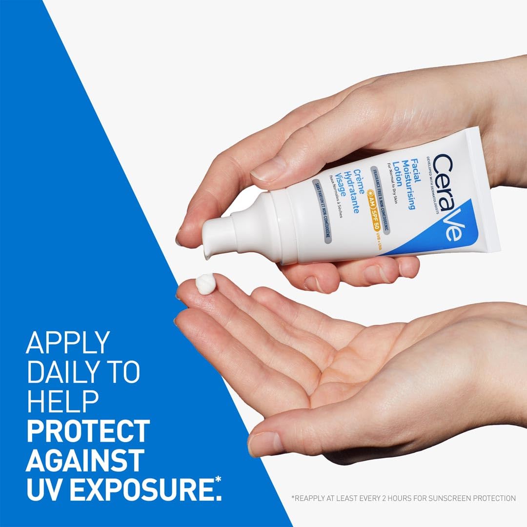 CeraVe AM Facial Moisturizing Lotion for Normal to Dry Skin (52 ml) with Broad Spectrum Sunscreen SPF 50, Enriched with Ceramides, Niacinamide & Hyaluronic acid