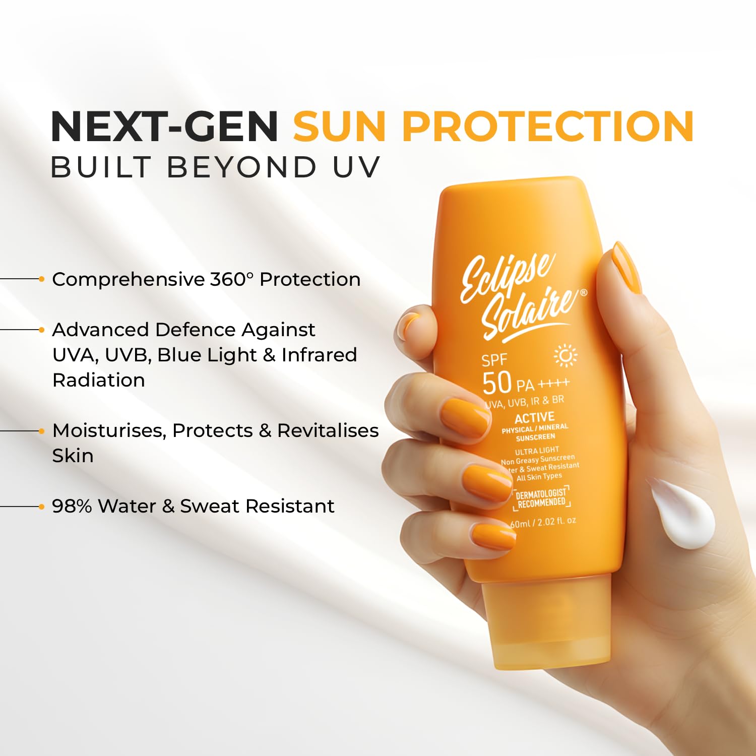 Eclipse Solaire Active Physical / Mineral Sunscreen SPF50 PA++++ | Clinically Tested | No White Cast | Broad Spectrum UVA/UVB & Blue Light Shield | Non-Greasy Sunscreen SPF 50, 60ml.