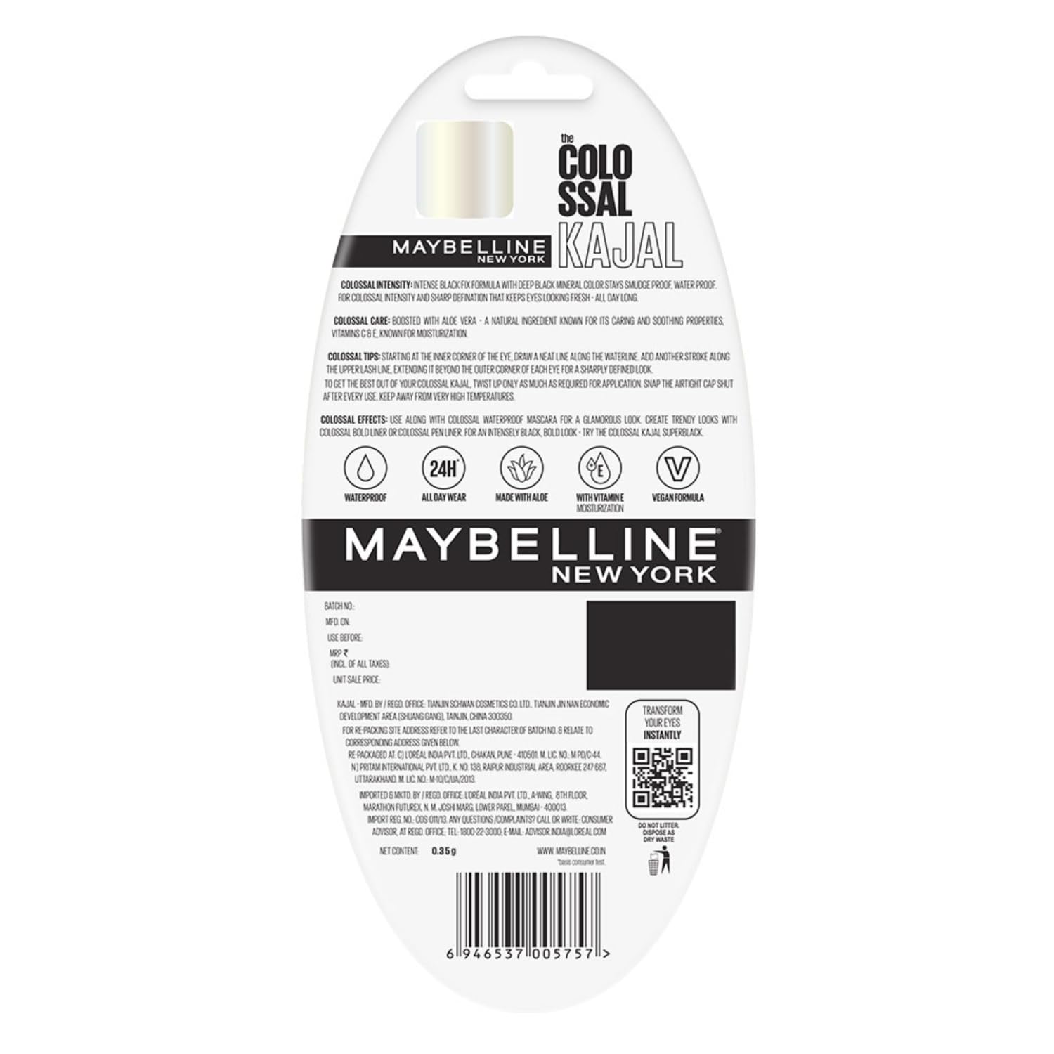 Maybelline New York Colossal Kajal, Intense Colour, Waterproof, Long lasting 24Hrs Stay, Black, 0.35g