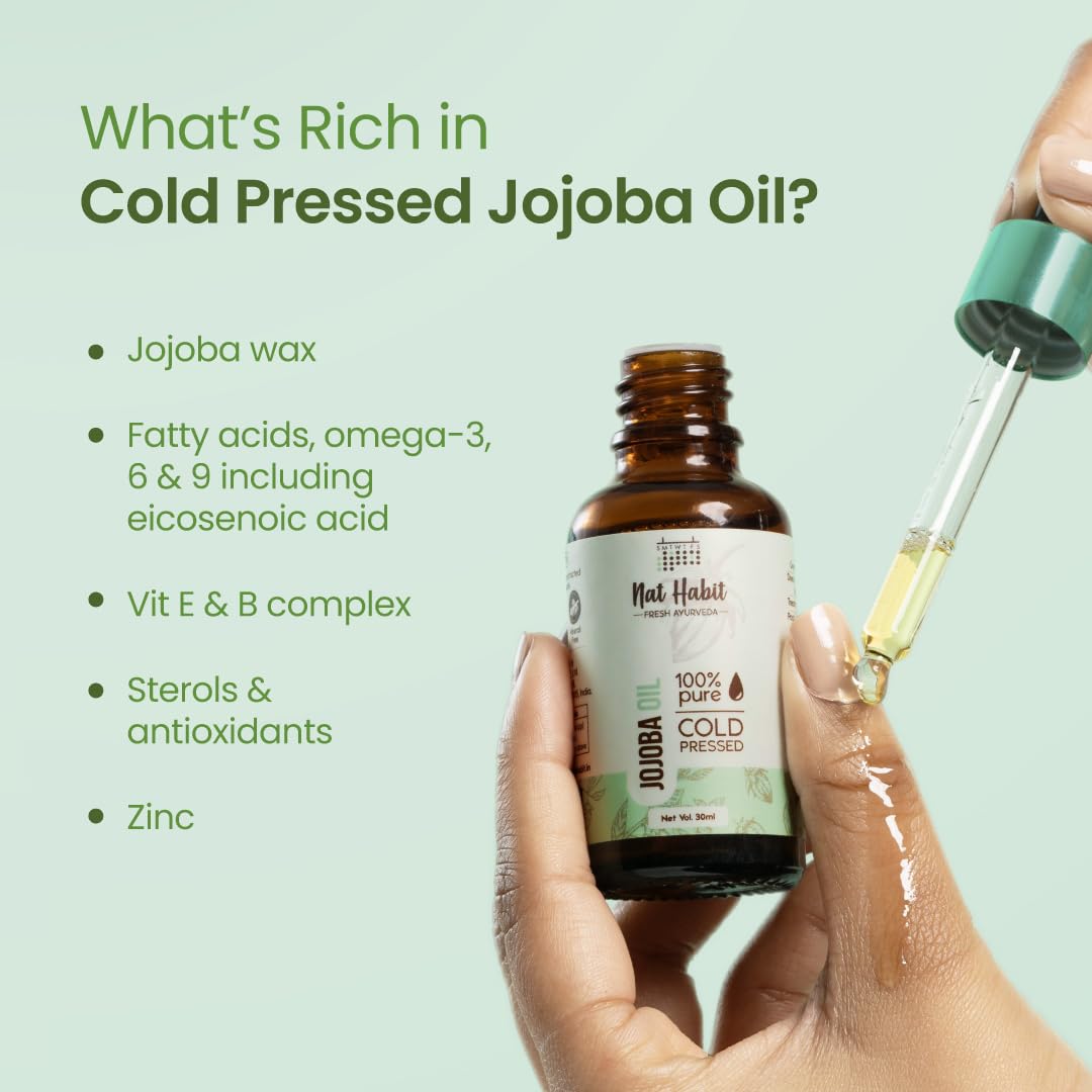 Nat Habit Cold Pressed 100% Pure Jojoba Oil for Skin & Hair With Vitamin E, Omega-9, Mineral Free - (30ml)
