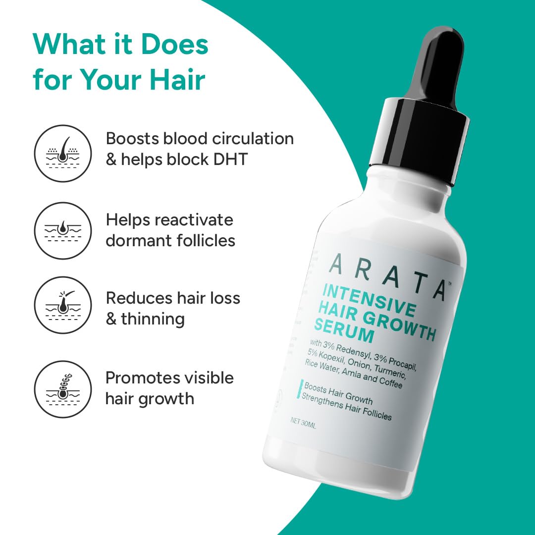 Arata Hair Growth Serum (30ml) with 3% Redensyl, 3% Procapil, 5% Kopexil, Caffeine & Rice Water | No Minoxidil | Supports Hair Growth | Helps Reduce Hairfall | Serum For Women and Men
