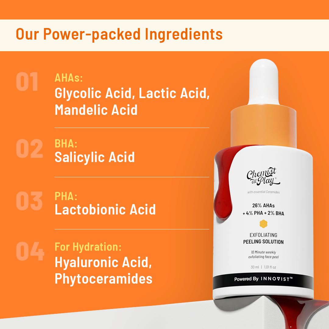 Chemist at Play 26% AHA 2% BHA 4% PHA Peeling Solution | Chemical Exfoliator For Face | Glycolic Acid (AHA), Salicylic Acid (BHA), Lactobinoic Acid (PHA) | Tan Off 10-Minute Peel | Derma Tested | 30mL