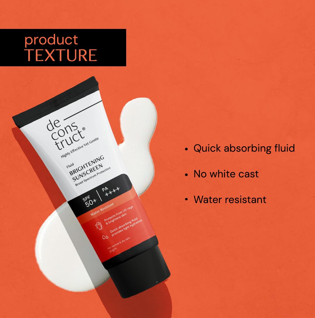 Deconstruct Brightening Fluid Sunscreen SPF 50+ with Niacinamide | Lightweight, Dewy & Hydrating for Dry & Normal Skin | Broad Spectrum UVA/UVB Protection | 8-Hour Long-Lasting, Water-Resistant | 50g