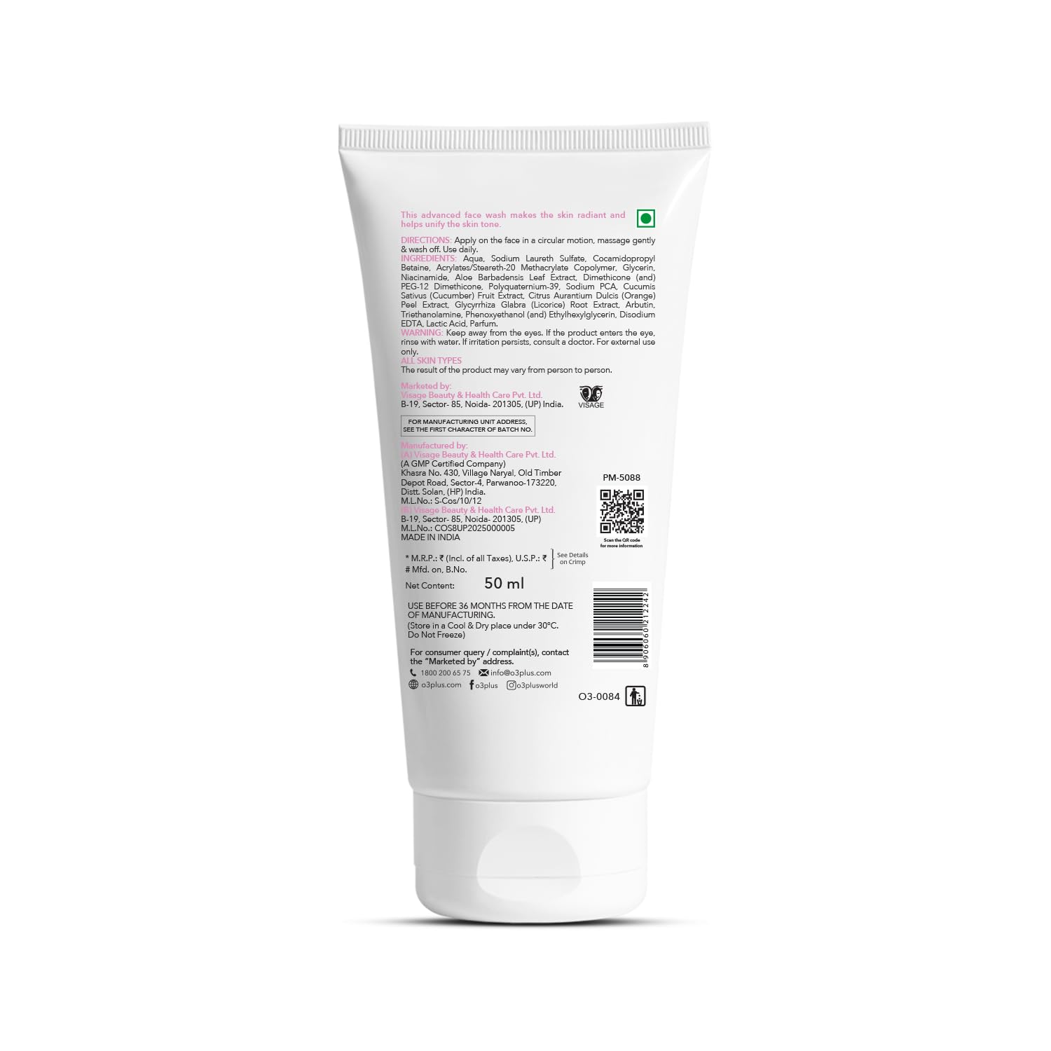 O3+ Brightening Face Wash for Glowing Skin | Removes Tan & Dullness | Niacinamide, Aloe & Cucumber | Soap-Free, Hydrating Cleanser for Men & Women, 50 ml