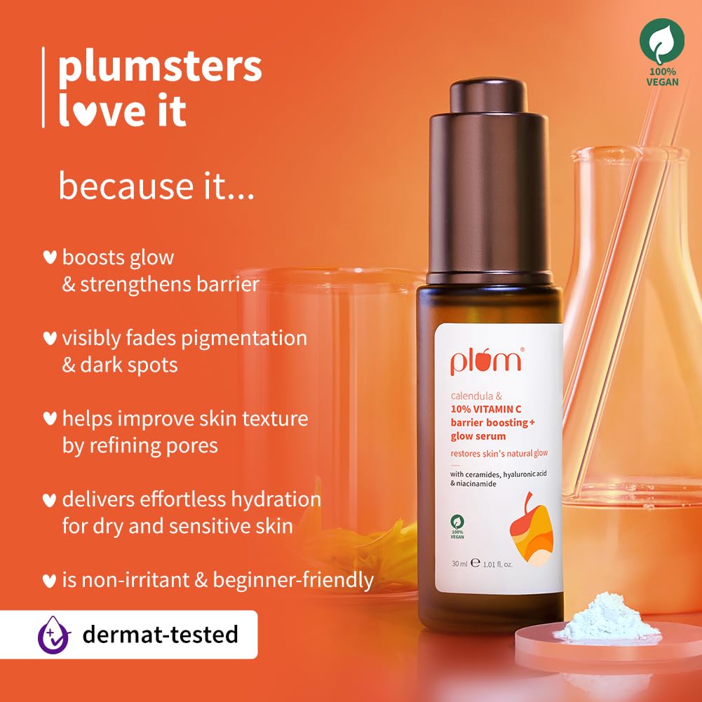 Plum 10% Vitamin C & Calendula Barrier Boosting + Glow Serum | Boosts glow from 1st use | Ceramides strengthens skin barrier | Niacinamide fights pigmentation & dark spots | Non-irritant| Men & Women | For all skin types | 30ml