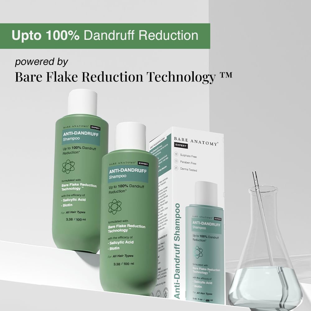 Bare Anatomy Anti Dandruff Shampoo | Reduces Up to 100% Dandruff and Strengthens Hair | Derma Approved Shampoo with Salicylic Acid & Biotin | Helps Remove Flakes and Itching | Shampoo For All Hair types | For Women And Men | 100ml