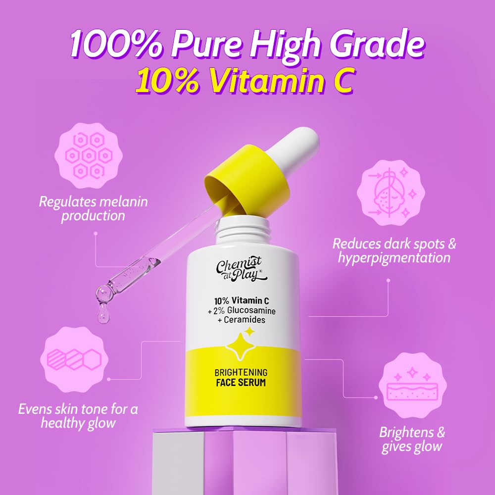 Chemist At Play 10% Vitamin C Serum for Glowing Skin | Pigmentation & Dark Spots | Skin Brightening Face Serum | With Ethyl Ascorbic Acid, Lactic Acid & Glucosamine | For Men & Women | 30 ml