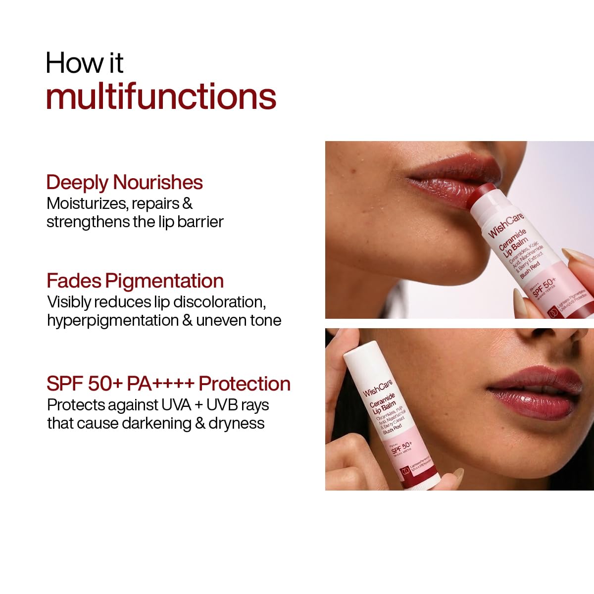 WishCare Tinted Lip Balm SPF 50 PA++++ | Brightening Lip Balm for Dark Lips | In-Vivo Tested | Kojic Acid & Niacinamide | For Women | 5g (Blush Red)