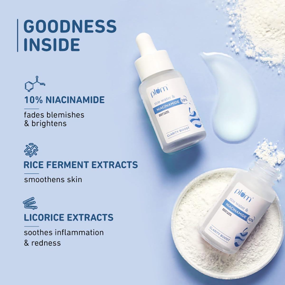 Plum 10% Niacinamide Serum with Rice Water | Provides Clear, Glowing & Brightening Skin | for Acne Prone, Combination, Oily & Sensitive Skin | Oil Control & Anti Acne Face Serum for Women & Men | 15ml