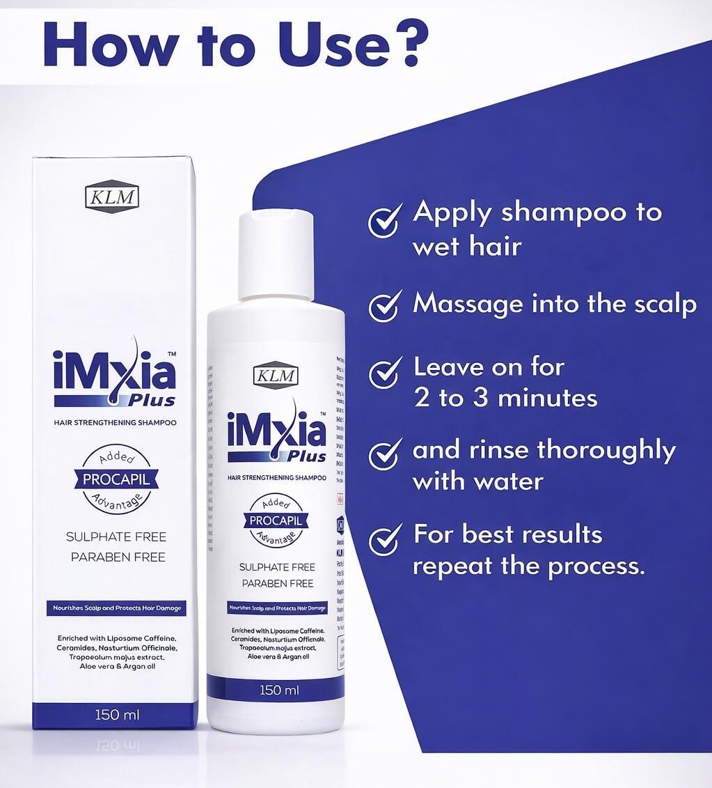 iMxia Plus Hair Strengthening Shampoo with Procapil Advantage | Sulphate & Paraben Free | Helps Reduce Hair Fall & Strengthen Roots | Nourishes Scalp & Protects Hair Damage | 150 ml