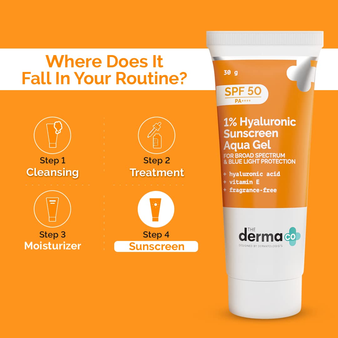 The Derma Co 1% Hyaluronic Sunscreen Aqua Gel SPF 50 PA++++ | Hyaluronic Acid for Deep, Long Lasting Hydration | Ultra Lightweight Texture I Non-Greasy, No White Cast | Broad Spectrum Protection & Blue Light Protection | Clinically Tested, 30G