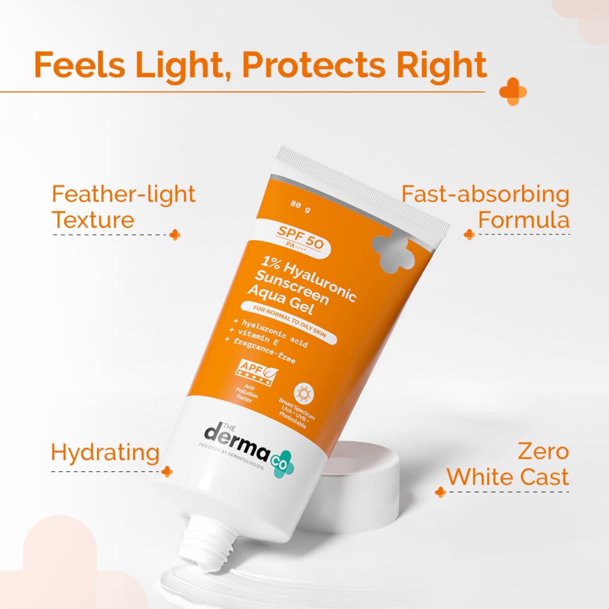 The Derma Co 1% Hyaluronic Sunscreen Aqua Gel SPF 50 PA++++ | Hydrating, Lightweight & Non-Greasy | No White Cast | Broad Spectrum & Blue Light Protection | Clinically Tested - (In-Vivo) | PPD-39 | 80 g