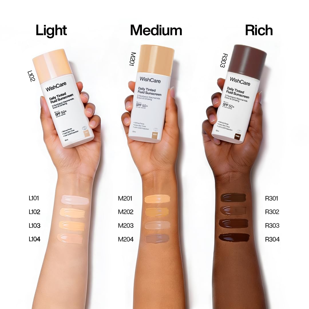 WishCare Daily Fluid Tinted Sunscreen SPF50 PA++++| L102 | Broad Spectrum Protection for all skin types | In-Vivo Tested Tinted Sun Screen | D-Panthenol, Niacinamide, Ectoin & Ginseng | 50ml