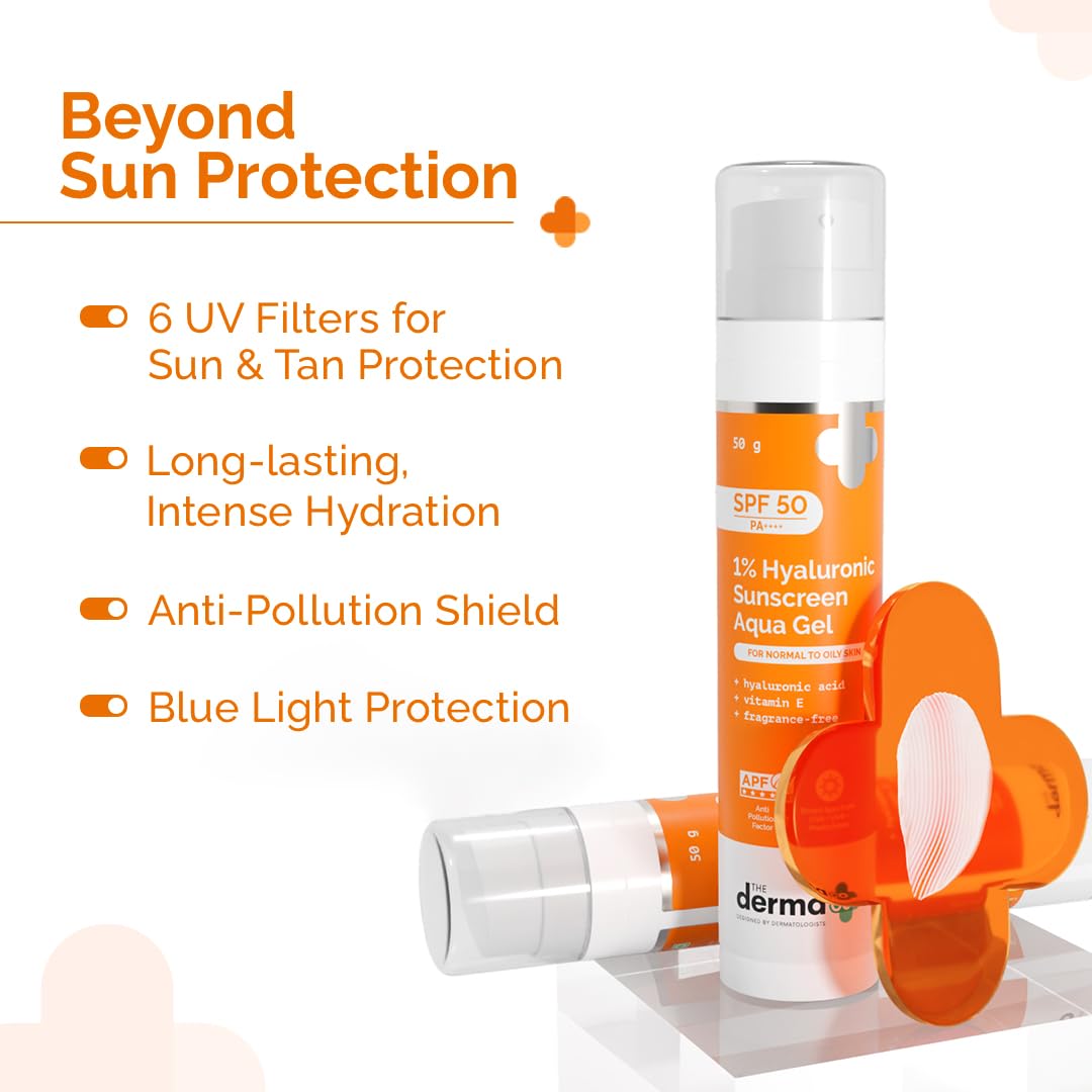 The Derma Co 1% Hyaluronic Sunscreen Aqua Gel SPF 50 PA++++ | Hyaluronic Acid for Deep, Long Lasting Hydration | Ultra Lightweight Texture I Non-Greasy, No White Cast | Broad Spectrum & Blue Light Protection | 50g
