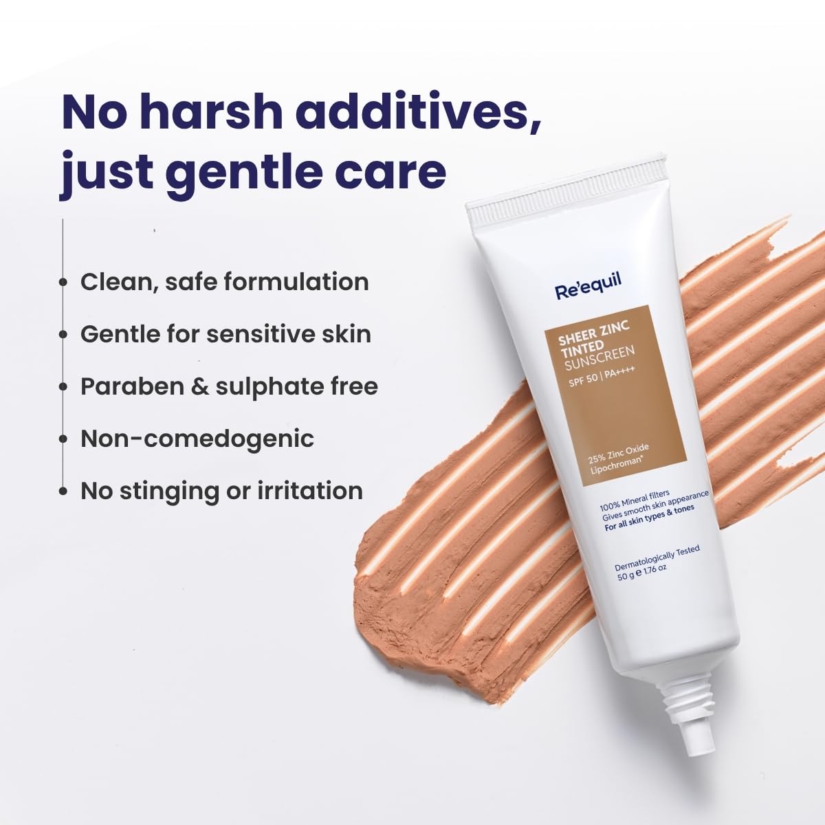 Re'equil Sheer Zinc Tinted Sunscreen | 100% Mineral-based Sunscreen | UVA, UBV, & IR Protection | Water Resistant with SPF 50 PA++++ | For All Skin Types | 50g