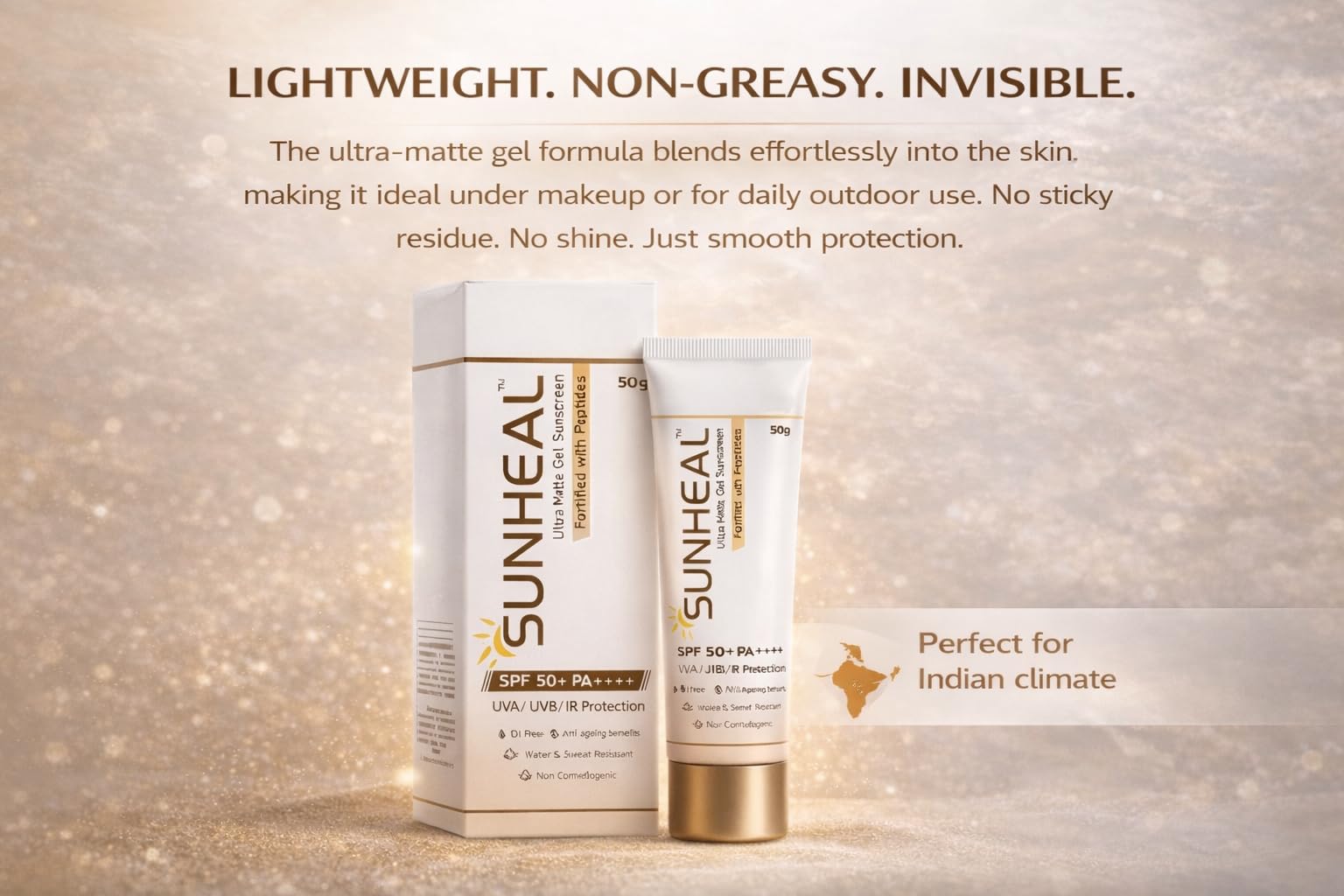 Sun-heal Ultra Matte Gel Sunscreen SPF 50+ PA++++ | UVA/UVB/IR Protection | Oil-Free & Non-Comedogenic | Water & Sweat Resistant | Anti-Ageing Peptide Formula | 50g