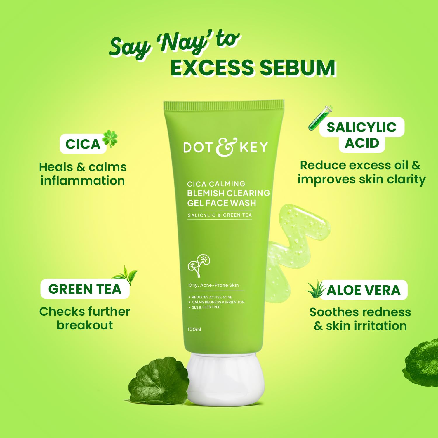 Dot & Key CICA Face Wash for Acne Prone Skin, 2% Salicylic Acid with Green Tea | For Oily & Sensitive Skin | Sulphate Free for Men & Women | Oil Control Face Wash with Zinc | 100ml
