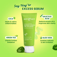 Dot & Key CICA Face Wash for Acne Prone Skin, 2% Salicylic Acid with Green Tea | For Oily & Sensitive Skin | Sulphate Free for Men & Women | Oil Control Face Wash with Zinc | 100ml
