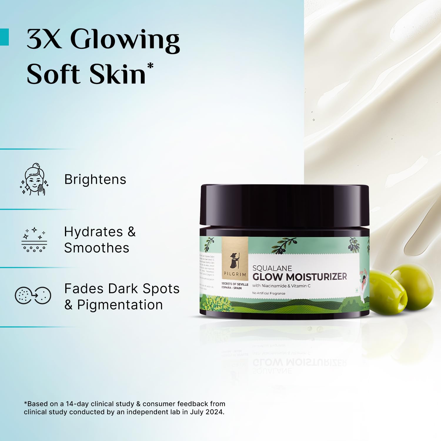Pilgrim Squalane Niacinamide & Vitamin C Glow Moisturizer Cream for face | Moisturizer for dry skin hydration | Face moisturizer with vitamin c for glowing skin |Non-greasy | For Women and Men I 50 gm
