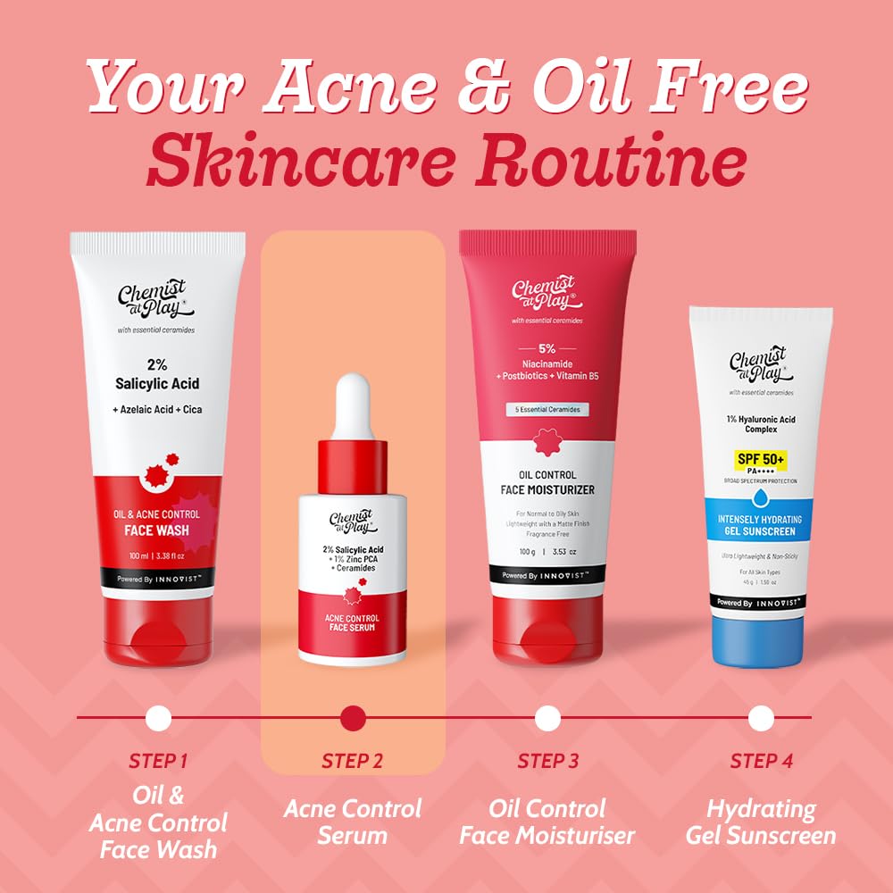 Chemist At Play 2% Salicylic Acid Face Serum for Acne-Prone Skin | Treats Active Acne & Controls Oil | Fades Acne Marks | Improves Skin Texture | Lightweight, Non-Comedogenic | For Men & Women | 30 ml
