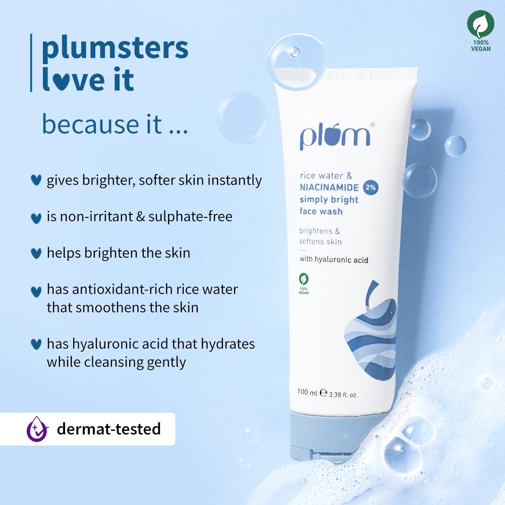 Plum 2% Niacinamide Simply Bright Face Wash With Rice Water 100 ml | Brightens Skin, Helps Fade Blemishes | Softens & Smoothens Skin | Gentle & Non-Drying | Women & Men | 100% Vegan