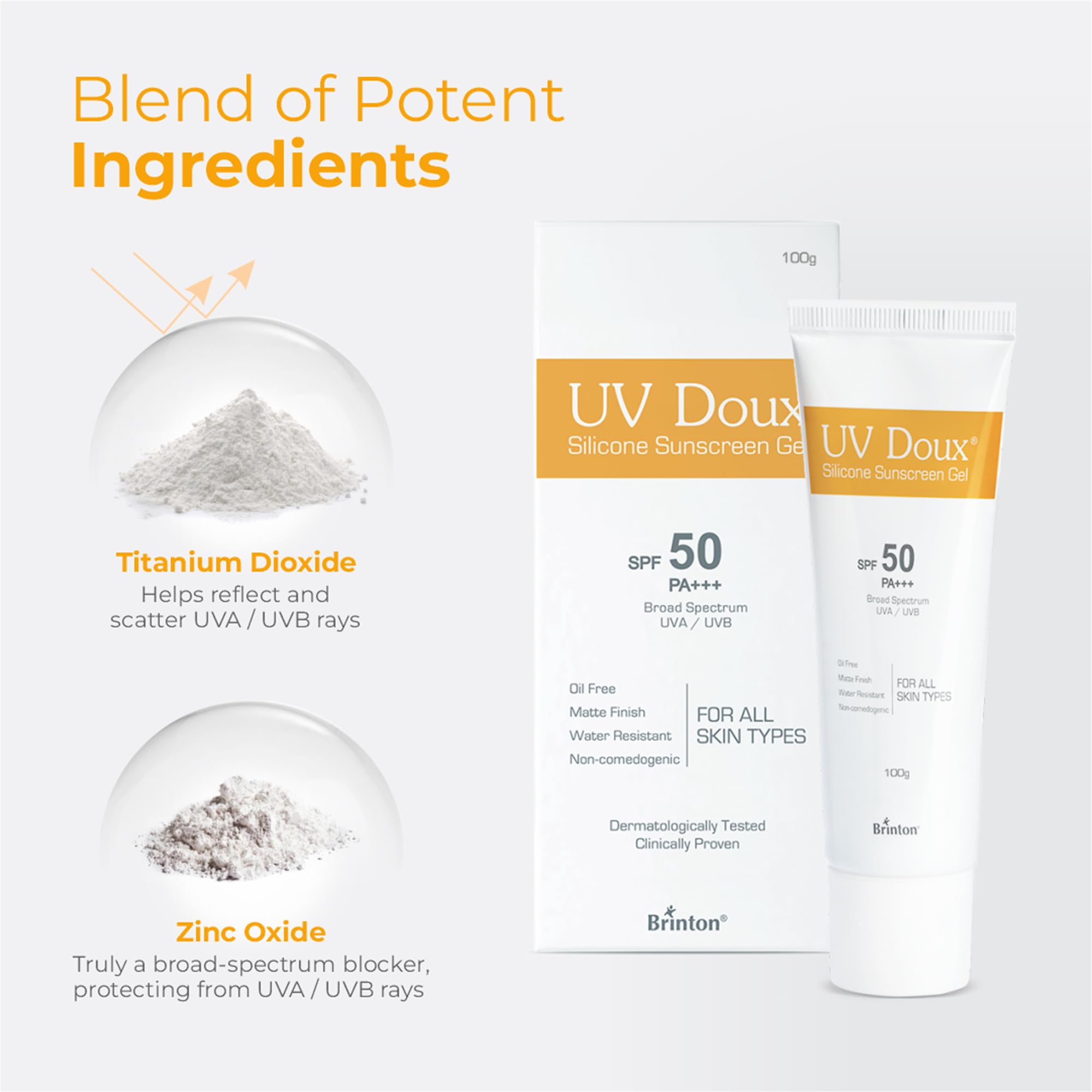 UV Doux Silicone Sunscreen Gel SPF 50 PA+++|India’s No.1 Dermatologist Recommended Brand|Invitro,In-Vivo Tested|UVA/UVB Protection, Benzene Free|No White Cast |Oily & Acne-Prone Skin |100 g
