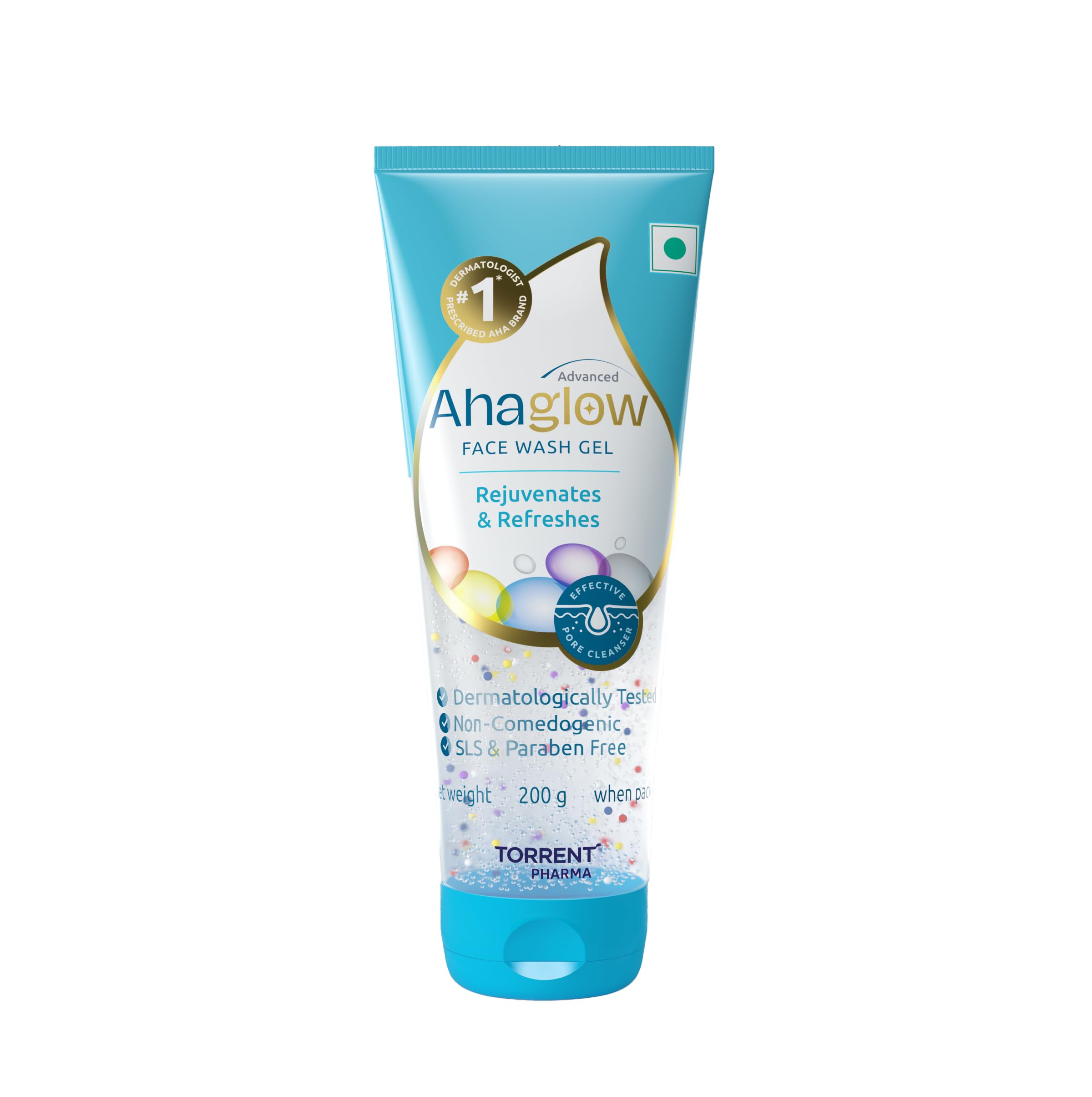 Ahaglow Advanced Face Wash Gel 200g with AHA(1% Glycolic Acid) Glow Bombs| Jojoba & Tea Tree Oil | Allantoin, Vitamin E & Oak bark Extract | No.1 Dermatologist Prescribed AHA Brand - By Torrent Pharma