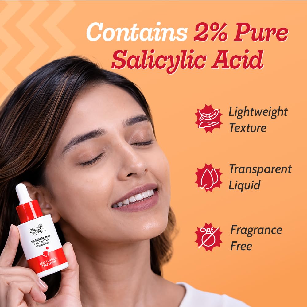 Chemist At Play 2% Salicylic Acid Face Serum for Acne-Prone Skin | Treats Active Acne & Controls Oil | Fades Acne Marks | Improves Skin Texture | Lightweight, Non-Comedogenic | For Men & Women | 30 ml