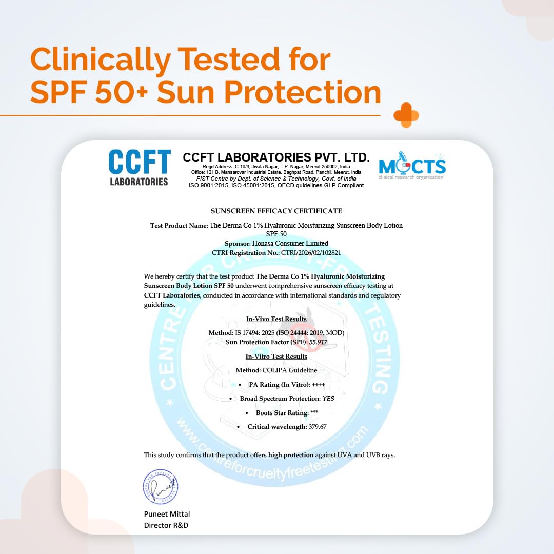 The Derma Co. 1% Hyaluronic Moisturizing Sunscreen Body lotion SPF 50 PA ++++ with 5% Niacinamide & 3% Glycerin | In-Vivo & In-Vitro Tested | With Broad Spectrum UVA & UVB Protection | 200ml