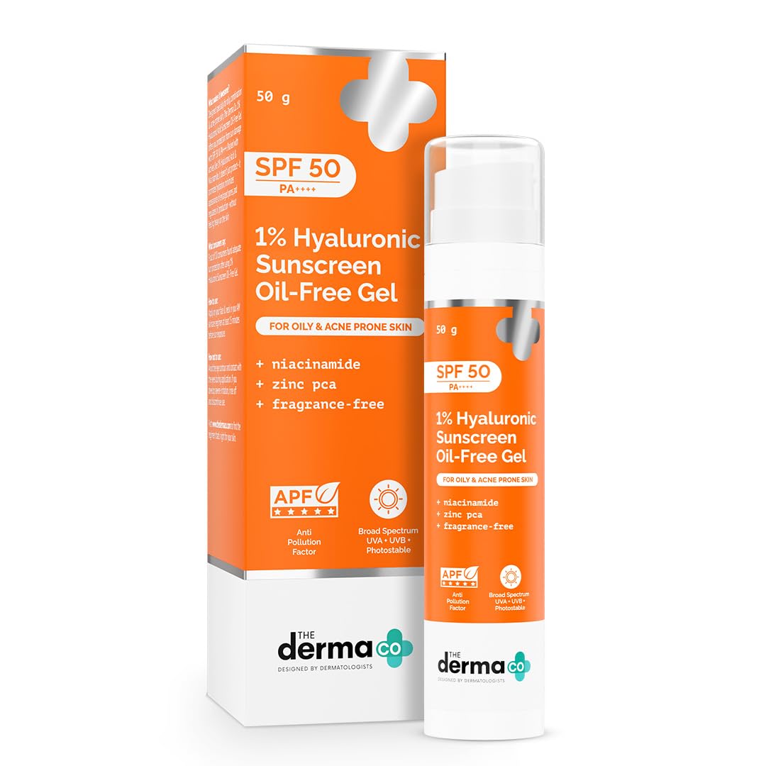 The Derma Co 1% Hyaluronic Sunscreen Oil-Free Matte Gel SPF 50 PA++++ | For Oily, Acne-Prone Skin | Lightweight Texture | No White Cast | Broad Spectrum Protection & Blue Light Protection |